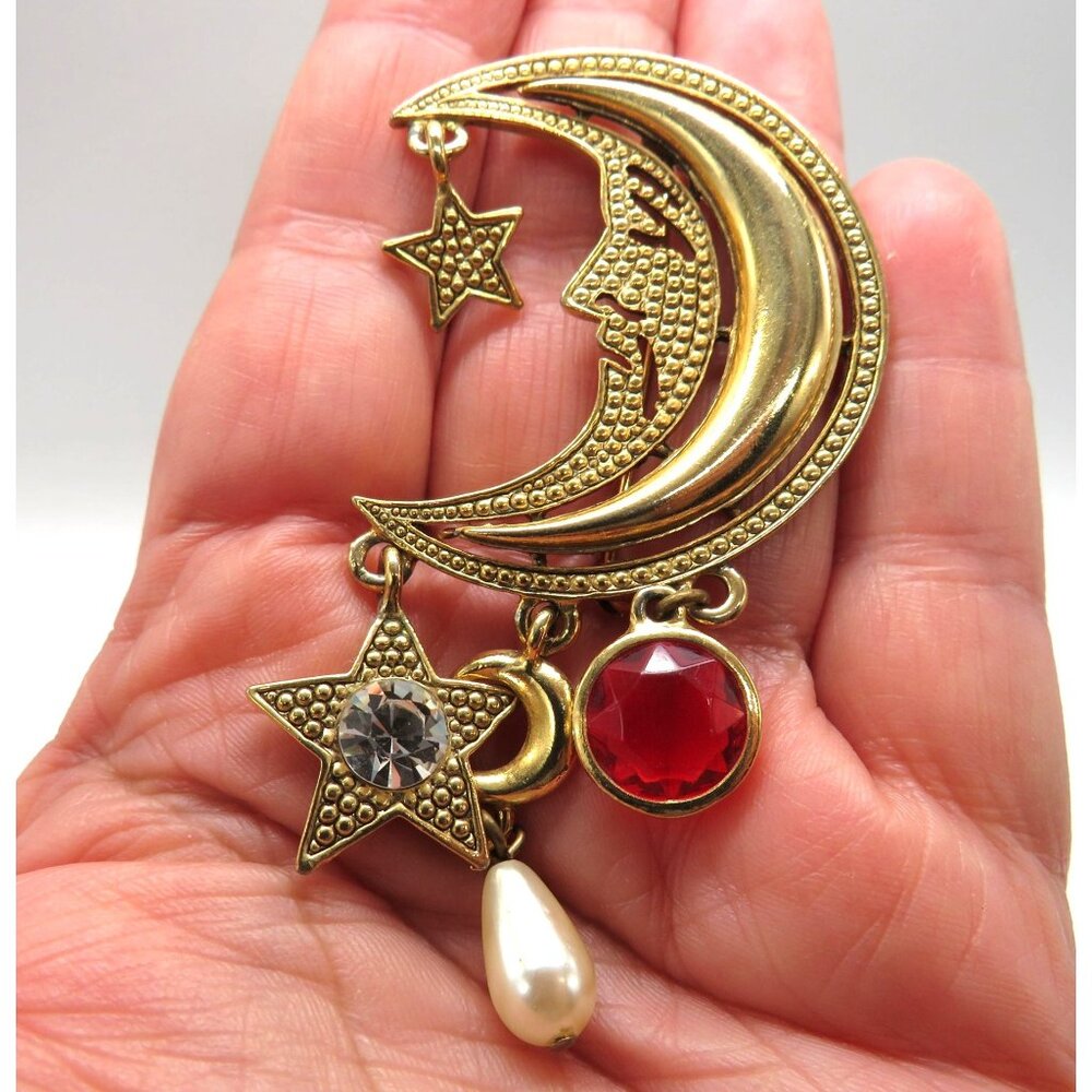 Juliana‎ Man in the Moon Brooch Item 3737 Gold Tone Red Crystal Dangle Charms - Picture 10 of 11
